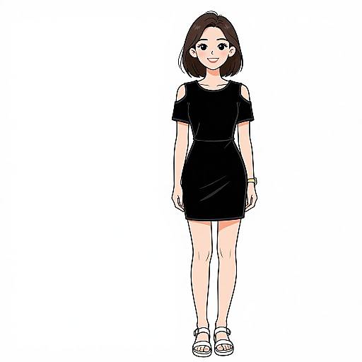 Digital anime-style drawing of a smiling young woman with short brown hair, wearing a black off-shoulder dress and white sandals.