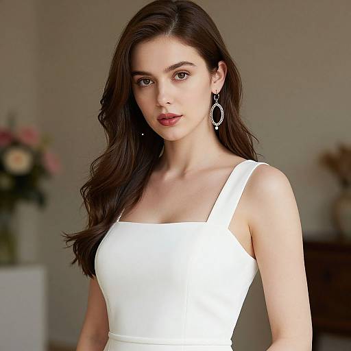 Photograph of a fair-skinned, brunette woman with long wavy hair, wearing a white, sleeveless top, and silver hoop earrings, standing