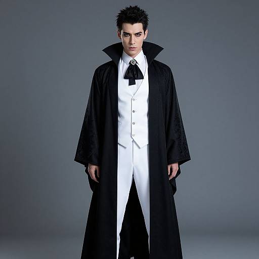 Photograph of a serious, dark-haired man with spiked hair, wearing a black trench coat over a white vest and black tie, standing against a grey