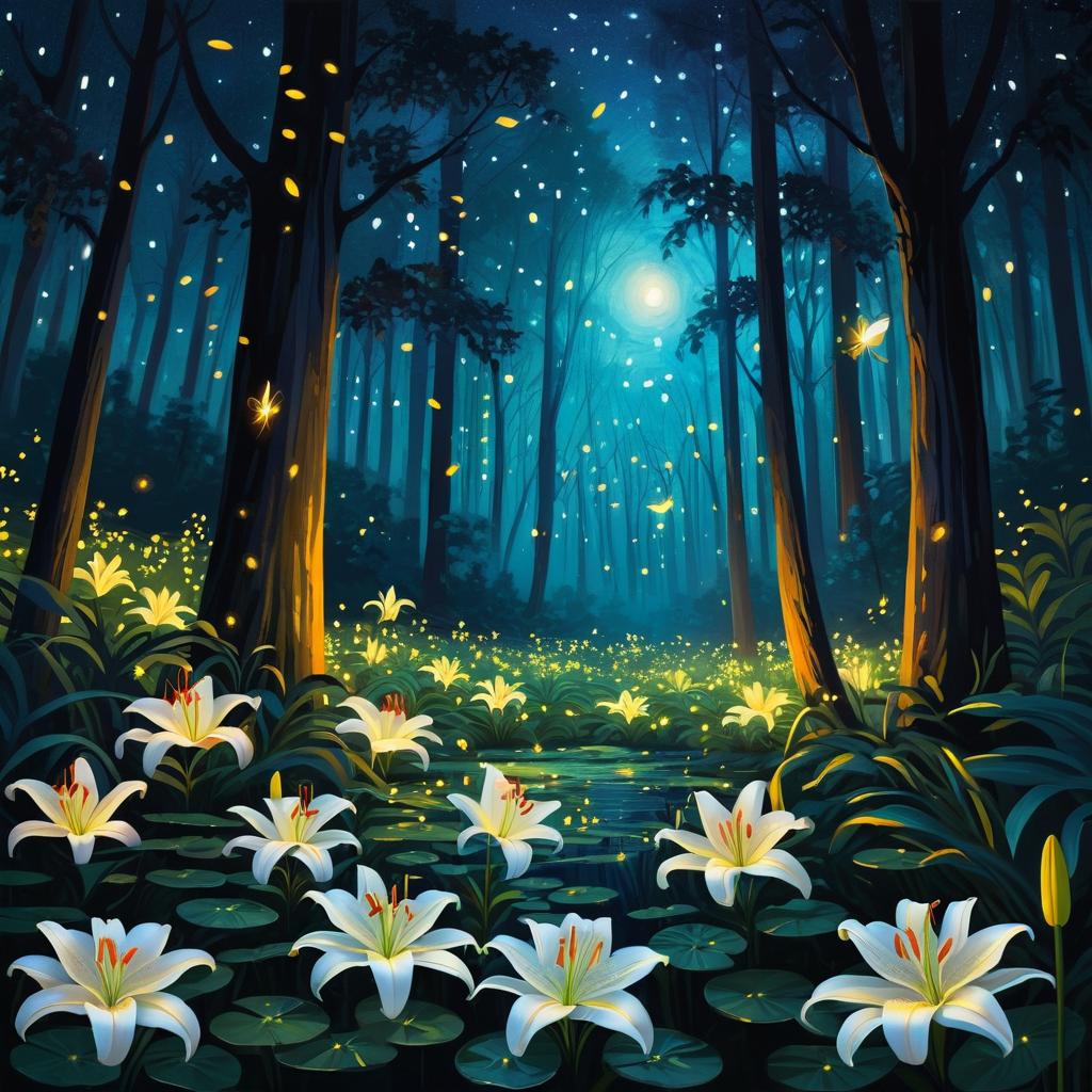 Magical Night Forest with Fireflies and Lilies