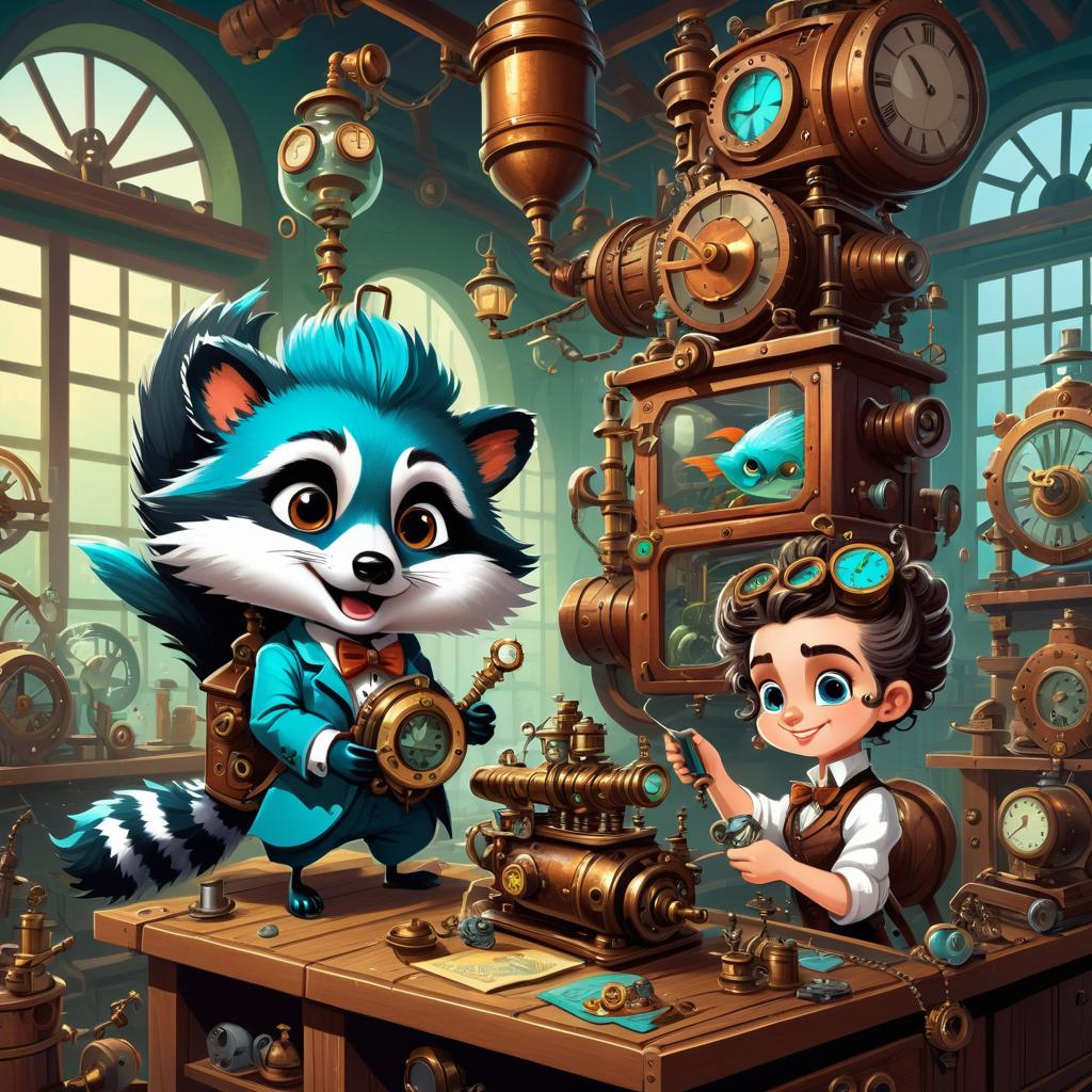 Whimsical Steampunk Inventor with Raccoon