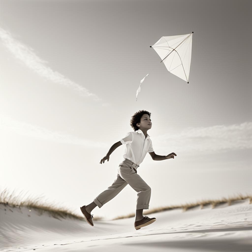 Timeless Boy Flying Kite in Minimalist Style