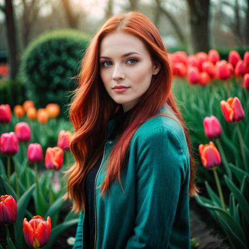 Redhead Woman in Tulip Garden