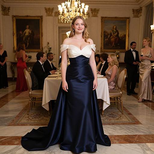 Photograph of a fair-skinned woman with wavy blonde hair in a black and white off-shoulder gown, standing in an elegant ballroom