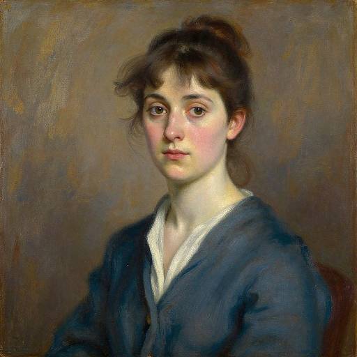 Realistic oil painting of a young woman with fair skin, brown hair in a loose bun, wearing a dark blue shirt with a white collar, against
