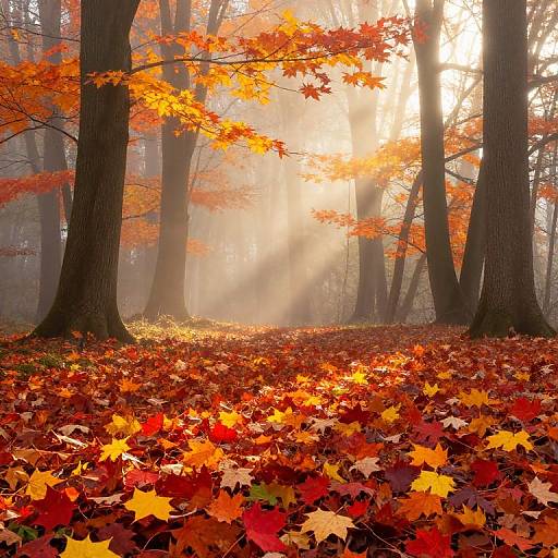 Photograph of a sunlit autumn forest with tall trees, vibrant red and orange leaves covering the ground, and sunlight filtering through branches.