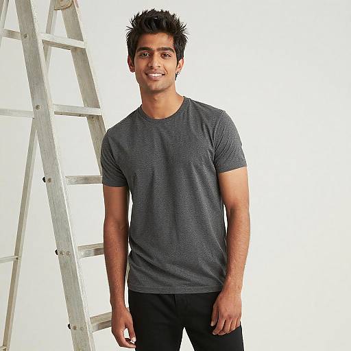 Photograph of a smiling young man with short, spiky black hair, wearing a gray t-shirt and black pants, standing next to a white ladder