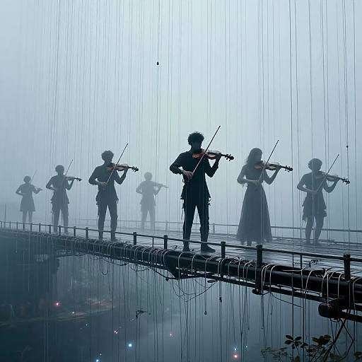 Silhouetted string quartet playing on a misty, rain-soaked bridge, reflected in water below, with vertical rain streaks in a