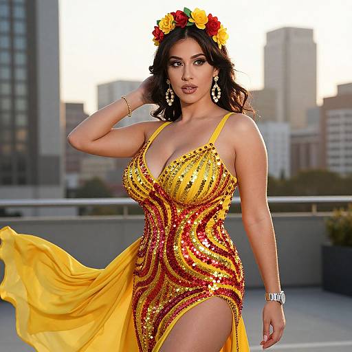 Photograph of a curvy, dark-haired woman with a flower crown, wearing a sparkling yellow and red sequin dress, posing on a rooftop with