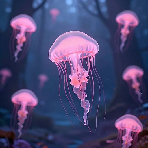 Photograph of glowing pink jellyfish with translucent bodies and long, flowing tentacles floating in a dark, blue underwater forest.