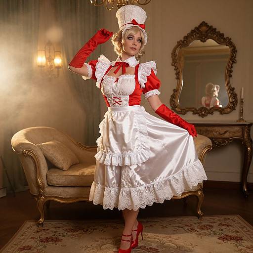 Photograph of a blonde woman in a vintage Victorian maid costume with red gloves, white dress, and red heels, standing in an ornate, warmly