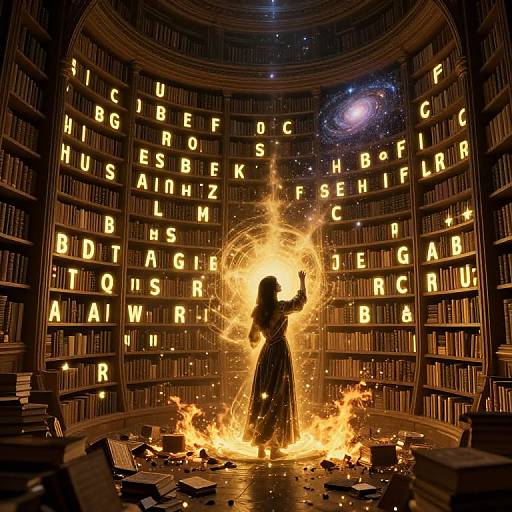 Silhouetted woman in flowing dress stands amidst fiery circle in library, surrounded by glowing bookshelves with alphabet letters. Digital art.
