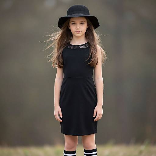 Photograph of a young girl with long brown hair, wearing a black dress, hat, and knee-high striped socks, standing in a blurred outdoor forest