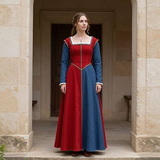 Photograph of a woman with fair skin and brown hair, wearing a medieval-style red and blue gown, standing in a stone archway.