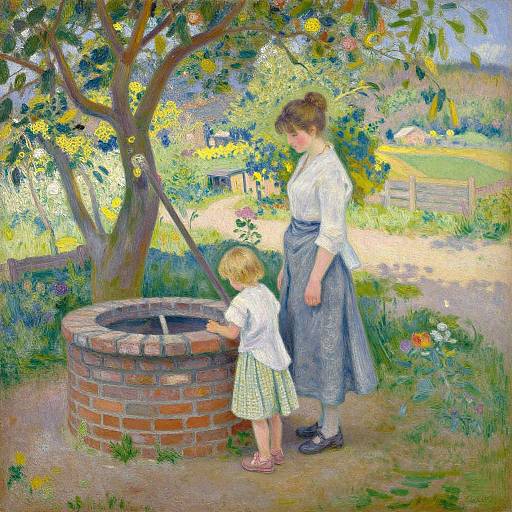 Impressionist-style painting of a blonde woman in white blouse and gray skirt, and a young boy, drawing water from a brick well in a sunny
