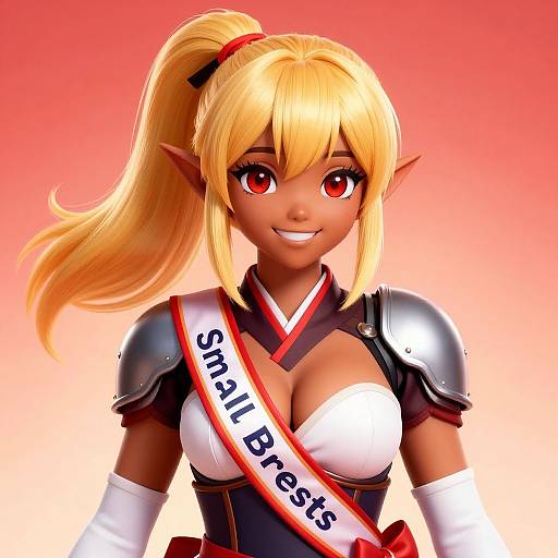 Digital anime-style drawing of a smiling, blonde, elf woman with red eyes, large breasts, wearing armor, a sash reading 