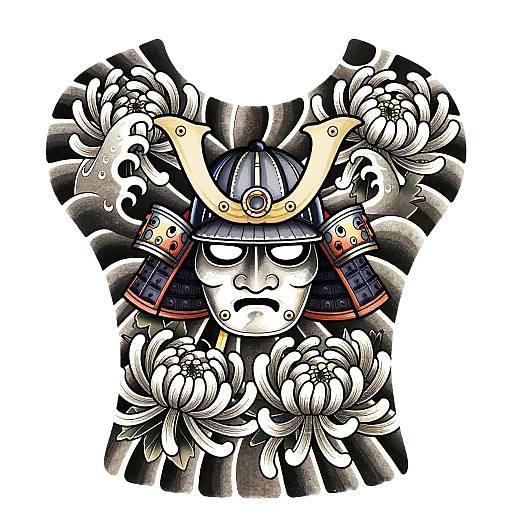 Digital illustration of a stern-faced samurai mask with a blue helmet, surrounded by black and white floral patterns, featuring bold, sharp lines and vibrant colors