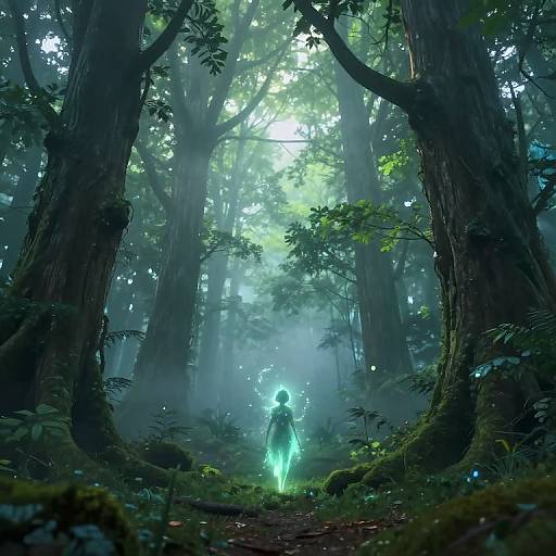 Digital fantasy artwork: A glowing, ethereal figure with a blue light sword stands in a misty, dense forest, surrounded by towering trees and soft