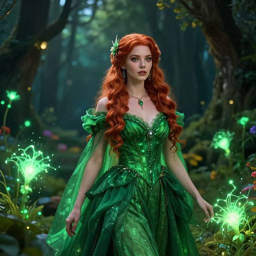 Digital artwork of a red-haired fairy with glowing green dress, adorned with a leafy headpiece, standing in a mystical forest illuminated by biolumines