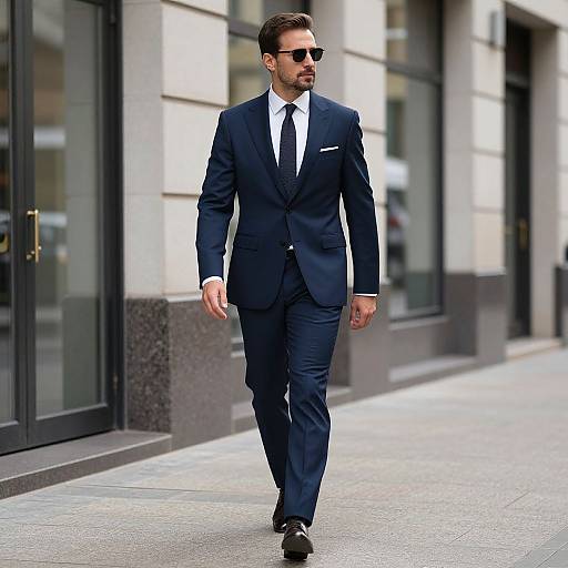 Photograph of a handsome bearded man in a navy suit, white shirt, black tie, and sunglasses, walking confidently down a city street.