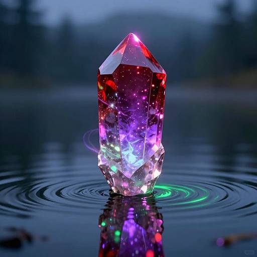 Photorealistic CGI of a glowing, multi-colored crystal standing in calm water, ripples around it, reflecting vibrant reds, purples, and