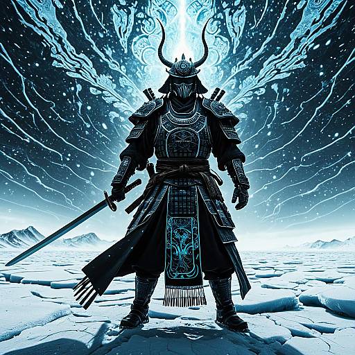 Ancient Samurai on Frozen Tundra with Bioluminescent Patterns