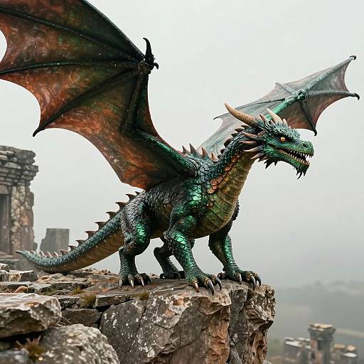 Photorealistic CGI of a powerful, green-scaled dragon with large, bat-like wings and sharp horns, standing on a rocky cliff edge amidst ancient