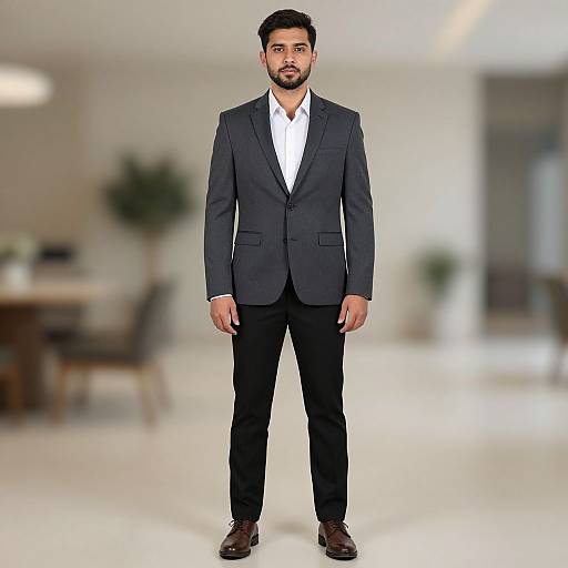 Photograph of a bearded man with short black hair, wearing a dark blue blazer, white shirt, black pants, and brown shoes, standing