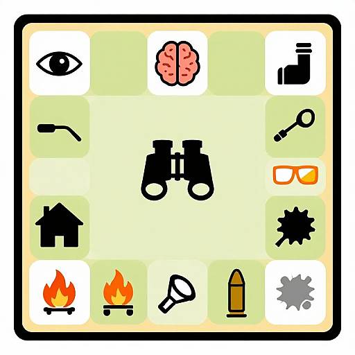 Digital game board with icons: eye, brain, binoculars, house, fire, tools, telescope, gears, goggles, binoculars,