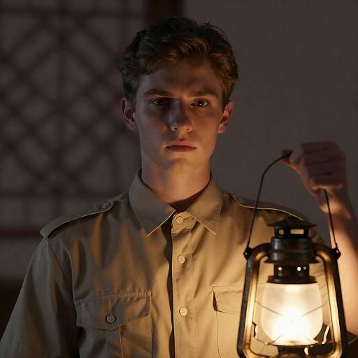 Young Man Holding Lantern in Dim Light