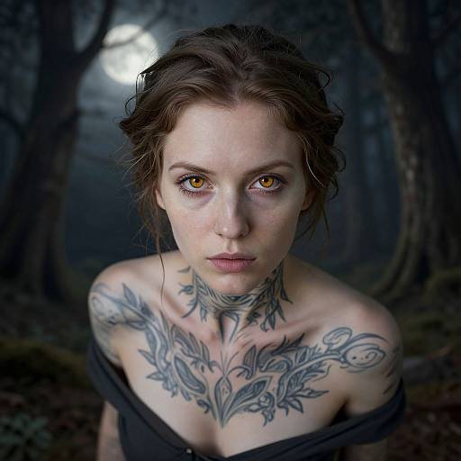 Photograph of a tattooed woman with amber eyes, dark hair, and black off-shoulder top, standing in a moonlit forest.