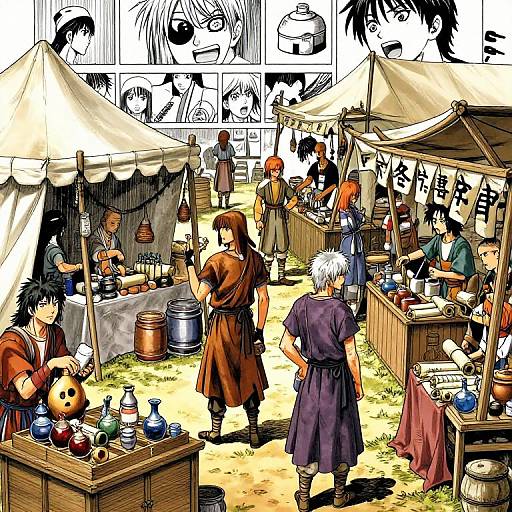 Colorful anime-style market scene with tents, vendors, and various characters in medieval attire, surrounded by pottery and goods, set against a backdrop of black