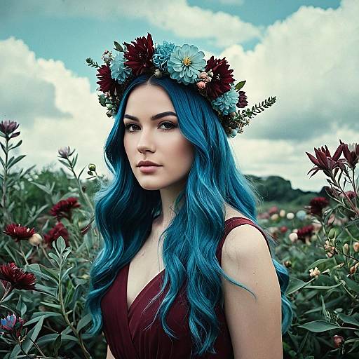 Portrait of Woman with Blue Hair and Floral Crown