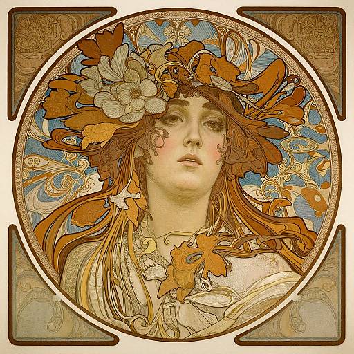 Art Nouveau-style digital illustration of a fair-skinned woman with flowing auburn hair, wearing a floral headpiece, surrounded by intricate orange and