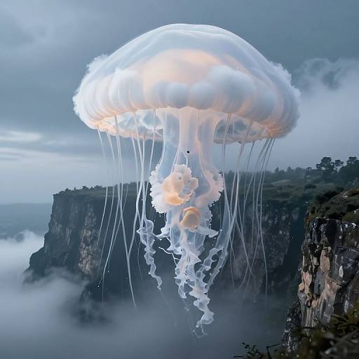 Photograph of a glowing, translucent jellyfish with long, wavy tentacles floating above a misty, cliffside landscape at dawn.