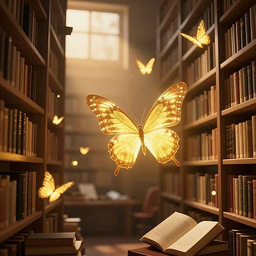 Photograph of a dimly lit library with glowing, ethereal orange butterflies flying among bookshelves and an open book on a table.