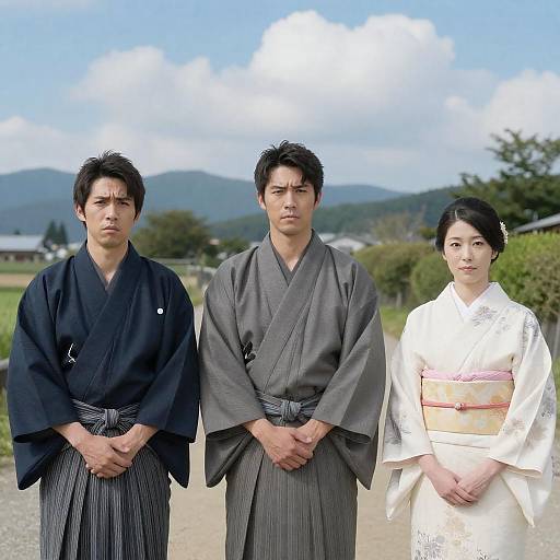 Three People in Traditional Japanese Clothing Outdoors