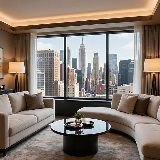 Photograph of a modern living room with two beige L-shaped sofas, black circular coffee table, cityscape view through large window, and soft ambient lighting