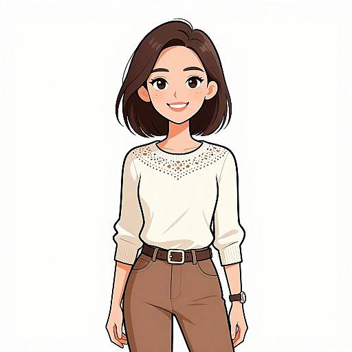 Digital anime-style drawing of a smiling woman with short brown hair, wearing a white top with lace details, brown pants, and a belt. White background
