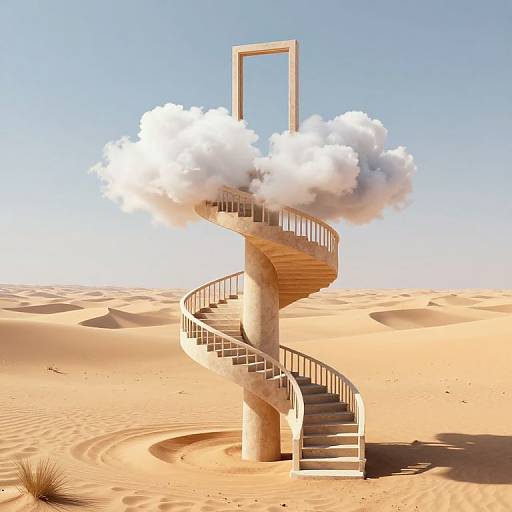 Spiral staircase made of concrete, with a cloud floating above and a rectangular door, set in a sandy desert under a clear blue sky. Digital