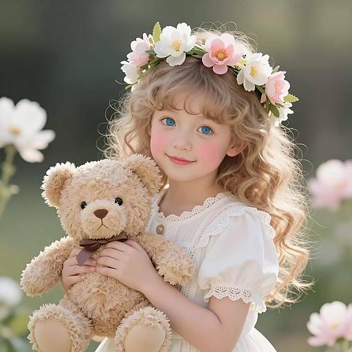 Charming Girl with Teddy and Flowers