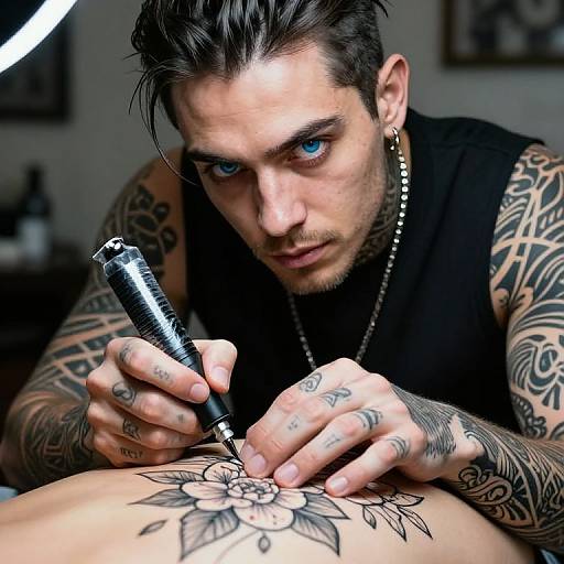 Tattoo artist with dark hair, blue eyes, and extensive arm tattoos, focuses on tattooing a detailed floral design on a client's skin.
