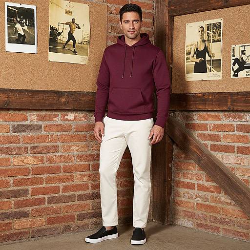 Photograph of a man with short dark hair, wearing a maroon hoodie, white pants, and black sneakers, standing in front of a brick wall
