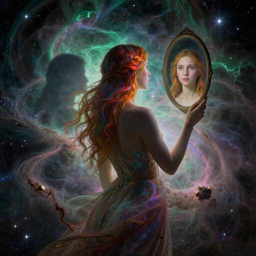 Digital artwork of a red-haired woman with wavy hair, wearing a flowing dress, holding an oval mirror, surrounded by colorful cosmic swirls and stars