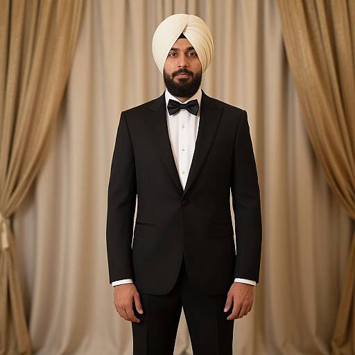 Photograph of a bearded South Asian man in a black tuxedo, white turban, black bow tie, standing against beige curtains.