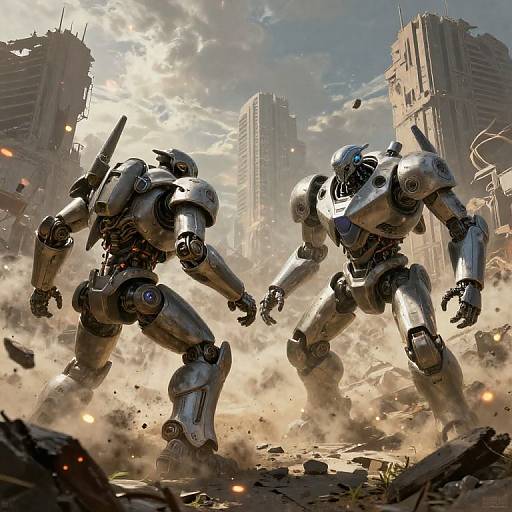Photorealistic digital art of two metallic robots fighting in a sunlit, debris-filled, war-torn city with crumbling skyscrapers in the background