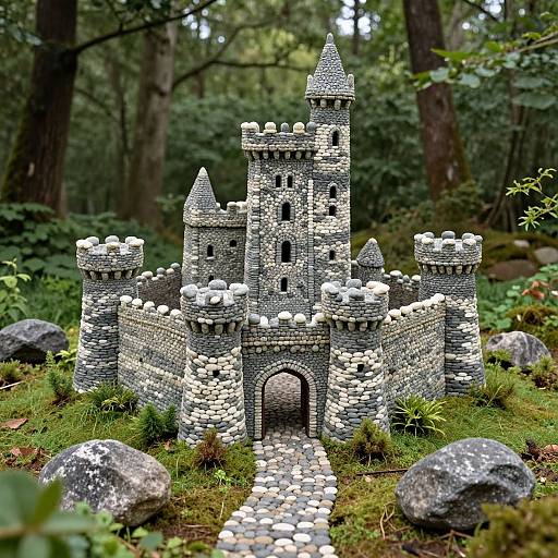 Photograph of a detailed LEGO castle with stone-like gray and white bricks, surrounded by moss, rocks, and forest backdrop.