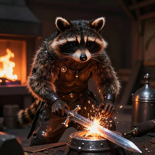 Photorealistic CGI of a raccoon warrior, with fur and black mask, sharpening a sword over a fiery forge in a dimly lit,