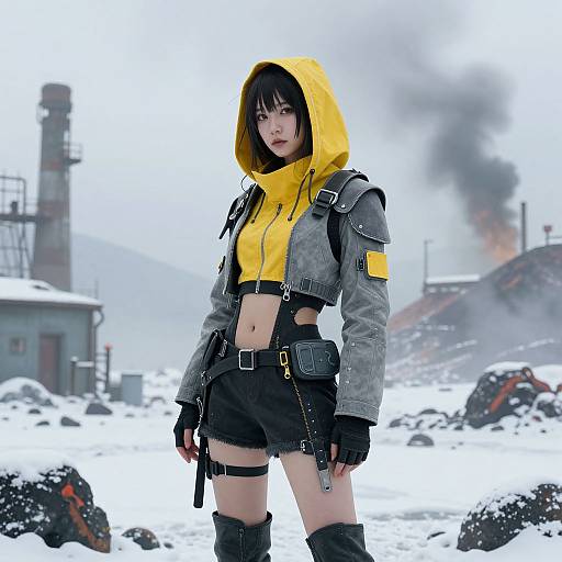 Digital anime-style photograph of a young woman with pale skin, black hair, yellow hooded jacket, gray military-style coat, black shorts, and gloves