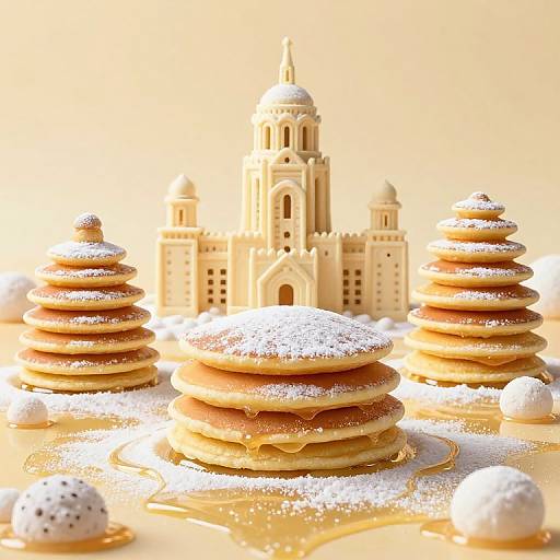Photograph of golden pancakes, dusted with sugar, around a miniature beige castle, with syrup pooling and white sugar balls scattered.